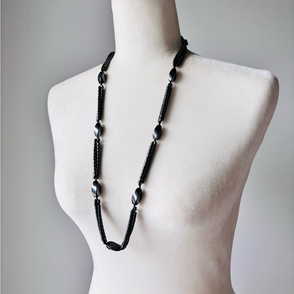 Elegant Hematite Beaded Stone Necklace 32”